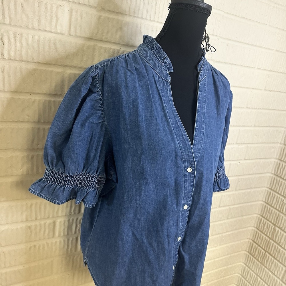 NWT Gap Puff Sleeve Denim Shirt Ruffle Trim Sz L Cotton V Neck Cottagecore Farm - Picture 2 of 7